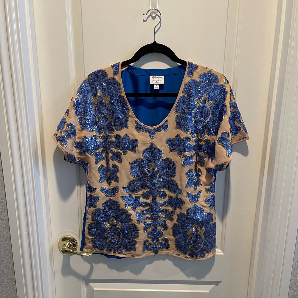 Tracy Reese Blue Beige Sequin Embellished Top